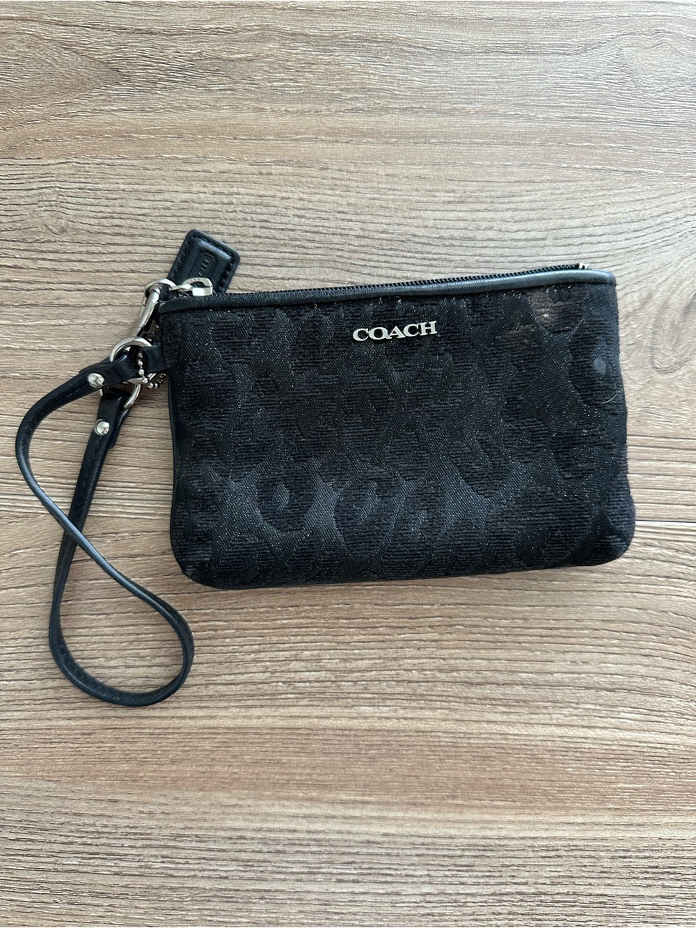 Coach Black Signature Wristlet with Detachable Strap- black leopard